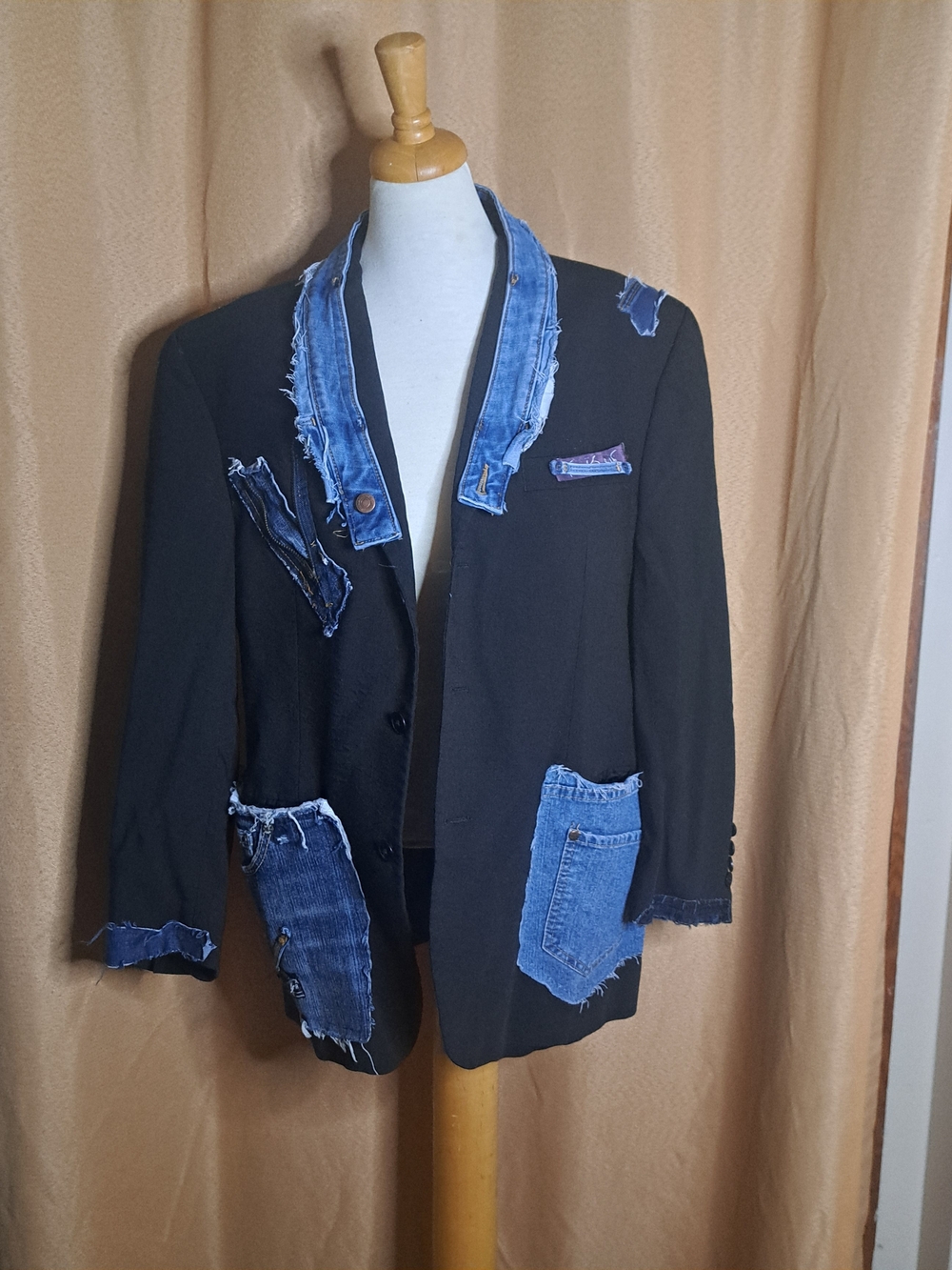 Upcycled Macine Prewashed Black Blazer with Denim Patchwork - XL
